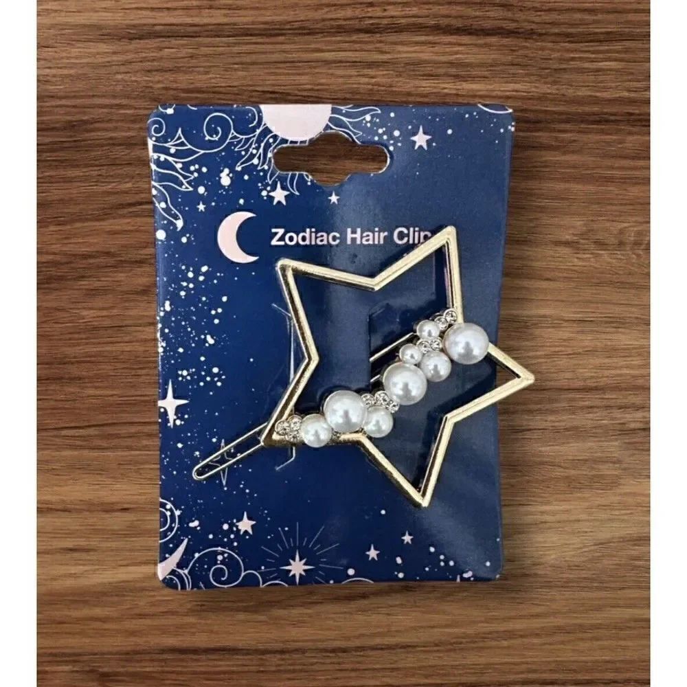 NWT 2 Inch Zodiac Gold Plated Metal Faux Imitation Pearl Star Hair Clip Barrette